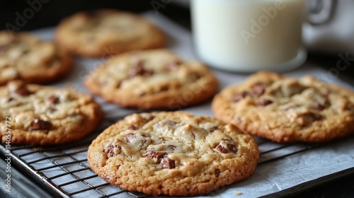 Delicious cookies cooling on a baking tray in a cozy kitchen environment