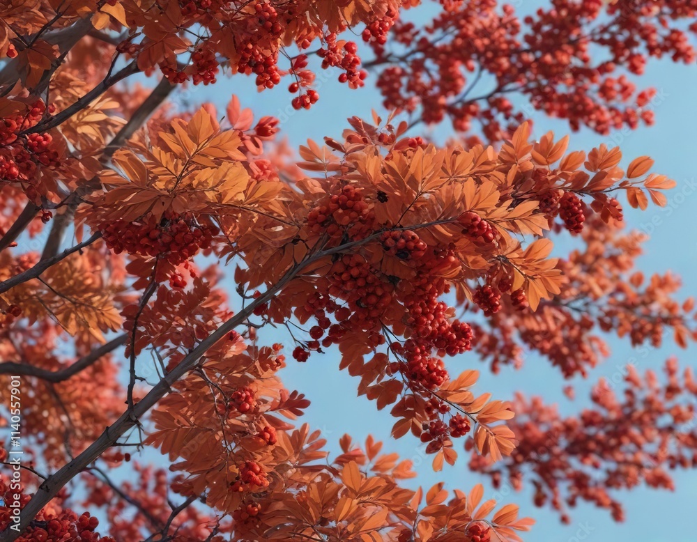 Rowan bush in autumn with red berries and changing leaves against a pale blue background, natural beauty, , landscape scenes Rowan bush in autumn with red berries and changing leaves against a pale blue background, natural beauty, , landscape scenes