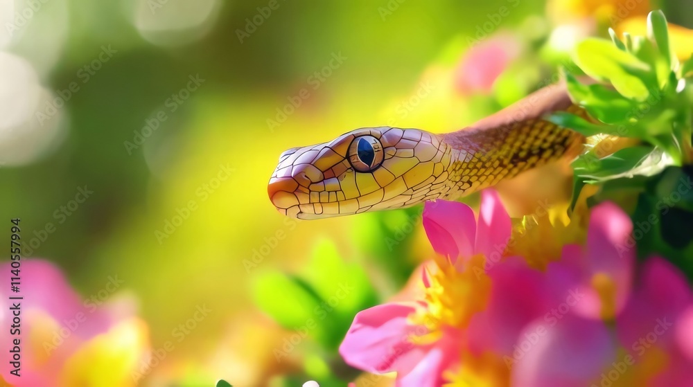 Close-up of a snake among vibrant flowers. Close-up of a snake among vibrant flowers.