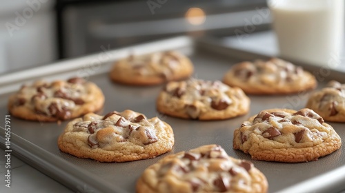 Delicious cookies cooling on a baking tray in a cozy kitchen environment