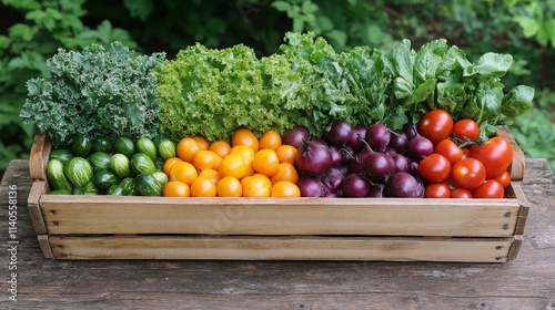Fresh vegetables arranged in a wooden crate at a local market