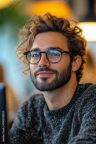 Young man with curly hair and glasses smiles while working in a modern cafe i...