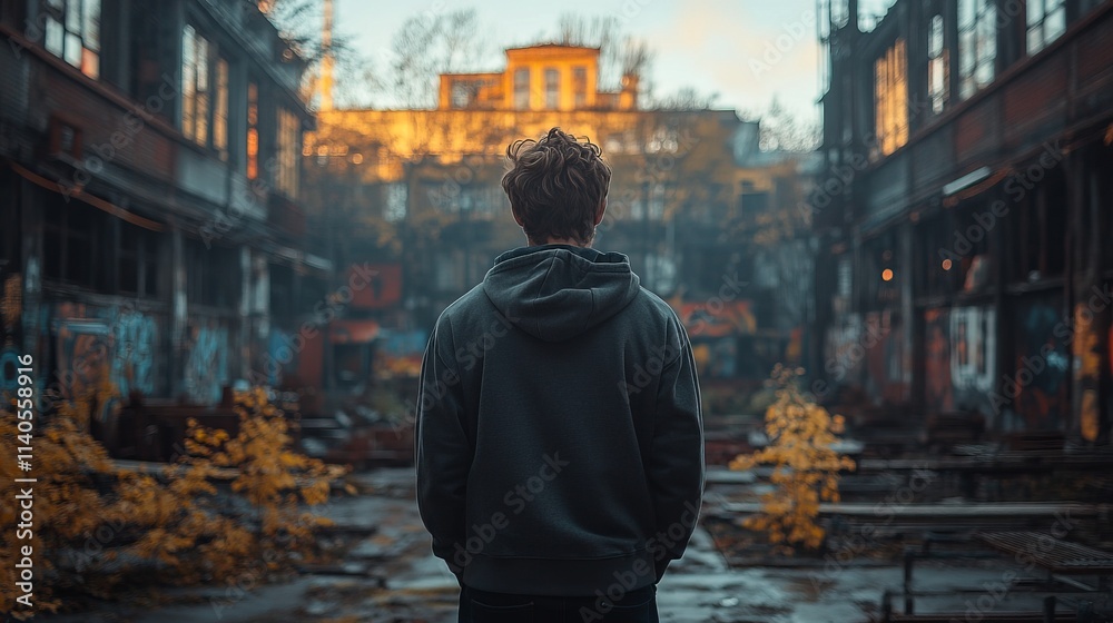 Urban Solitude: A Contemplative Figure Amidst Decaying Architecture Urban Solitude: A Contemplative Figure Amidst Decaying Architecture