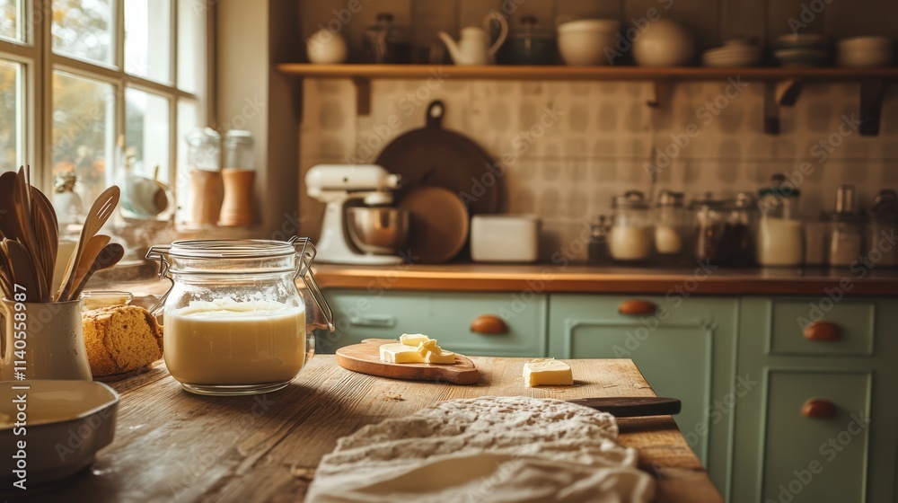 Rustic Kitchen Scene Featuring Butter Milk and Bread Rustic Kitchen Scene Featuring Butter Milk and Bread