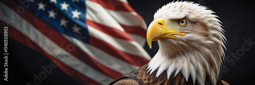 A bald eagle with Patriotic American flag on a dark background that symbolizing freedom and national pride, Copy space for text. Generative AI