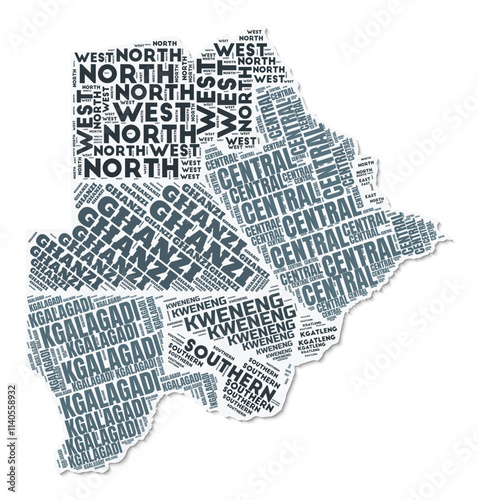 Botswana shape text cloud. Country border with shadow on white background. Botswana with regions division in vintage gazette style. Artistic vector illustration.