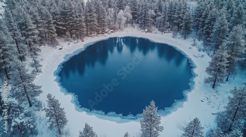 Exploring an icy blue lake surrounded by snow covered pine trees in winter
