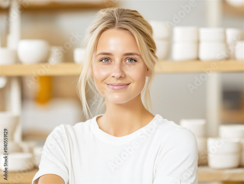 Free Download Smiling young woman with blonde hair wearing a white shirt standing in a modern kitchen with shelves full of kitchenware. She exudes positivity and cheerfulness. - GFXLoad