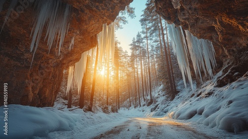 Frozen waterfall in winter landscape featuring a tranquil blue pond and snow ...