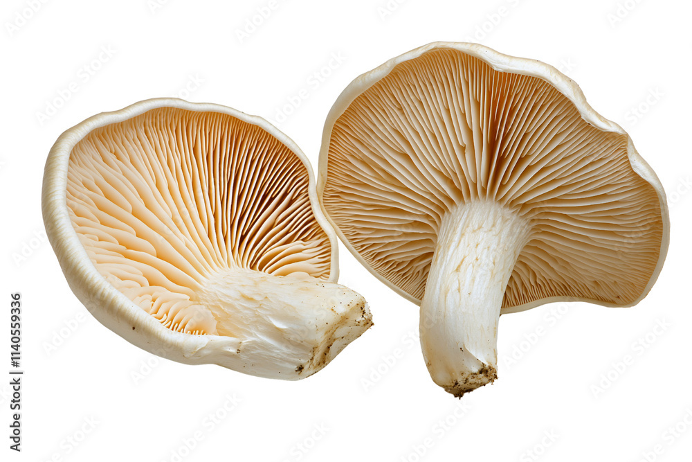 Two sliced mushrooms showcasing their gills and stem. Two sliced mushrooms showcasing their gills and stem.