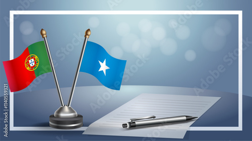 Portugal and Somalia National flags on small table with bokeh background, cooperative relationship