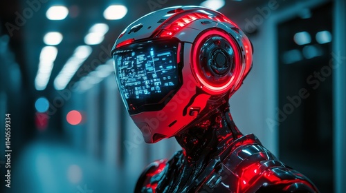 Futuristic robot with glowing features standing in a high tech environment at...