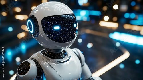 Futuristic robot with glowing features standing in a high tech environment at...