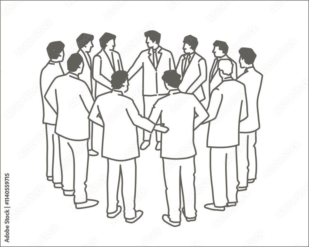 Company staff, standing together. Hand drawn vector illustration. Black and white. Company staff, standing together. Hand drawn vector illustration. Black and white.