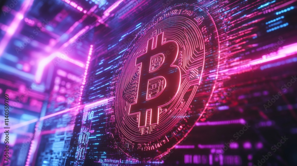 futuristic design, symbol of bitcoin, 100 US dollar bill, larger bitcoin symbol, neon lights, sleek, high-tech environment, digital matrix backdrop, glowing data streams, bold contrasts futuristic design, symbol of bitcoin, 100 US dollar bill, larger bitcoin symbol, neon lights, sleek, high-tech environment, digital matrix backdrop, glowing data streams, bold contrasts