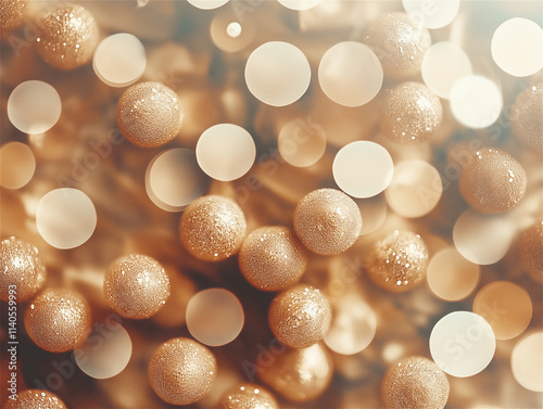 Golden spheres surrounded by soft glowing bokeh lights, creating an abstract festive and luxurious background ideal for holiday themes. photo