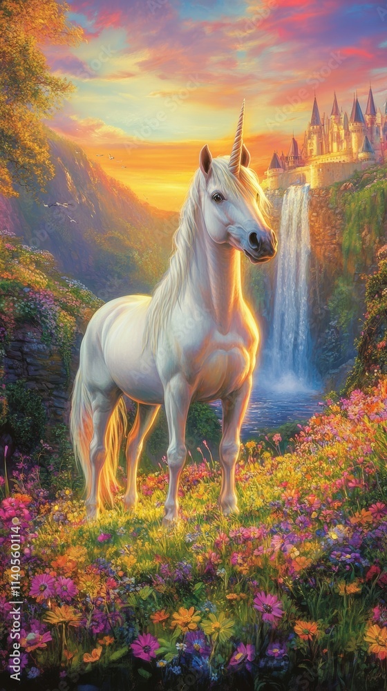 Majestic white unicorn standing in a flower field at sunset with castle and waterfall Majestic white unicorn standing in a flower field at sunset with castle and waterfall