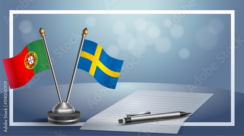 Portugal and Sweden National flags on small table with bokeh background, cooperative relationship