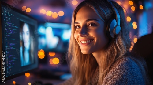Smiling friends enjoy a vibrant night out in the city with colorful lights in...