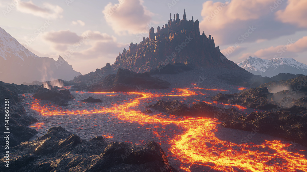 Fototapeta premium Fantasy Landscape with Volcanic Rivers and Mountain Fortress. Concept of Epic Adventure