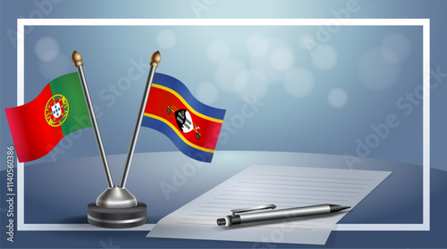 Portugal and Swaziland National flags on small table with bokeh background, cooperative relationship