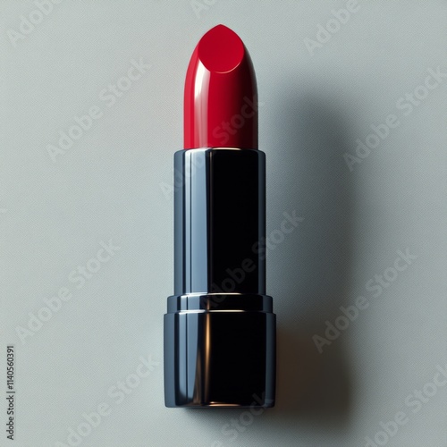 Bright red lipstick displayed on a smooth surface in a minimalist setting dur...