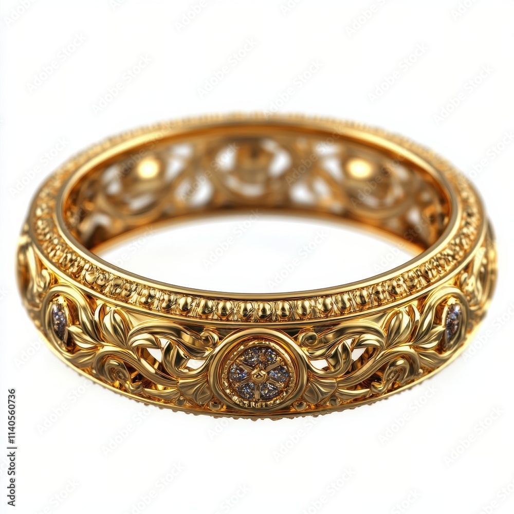 Elegant gold ring with intricate floral engravings and a small diamond accent on a smooth surface