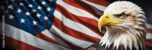 A bald eagle with Patriotic American flag on a dark background that symbolizing freedom and national pride, Copy space for text. Generative AI