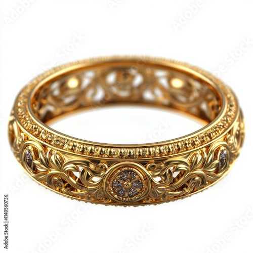 Elegant gold ring with intricate floral engravings and a small diamond accent...