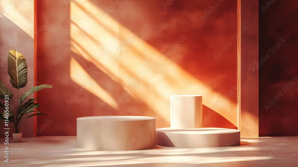 Sunlit Minimalist 3D Render: Abstract Beige Cylinders on Terracotta Background Sunlit Minimalist 3D Render: Abstract Beige Cylinders on Terracotta Background