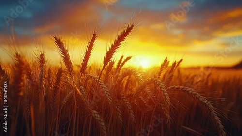 Woman enjoying a sunset view over a golden wheat field during the evening
