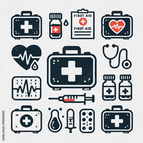 First aid kit icon flat vector set 