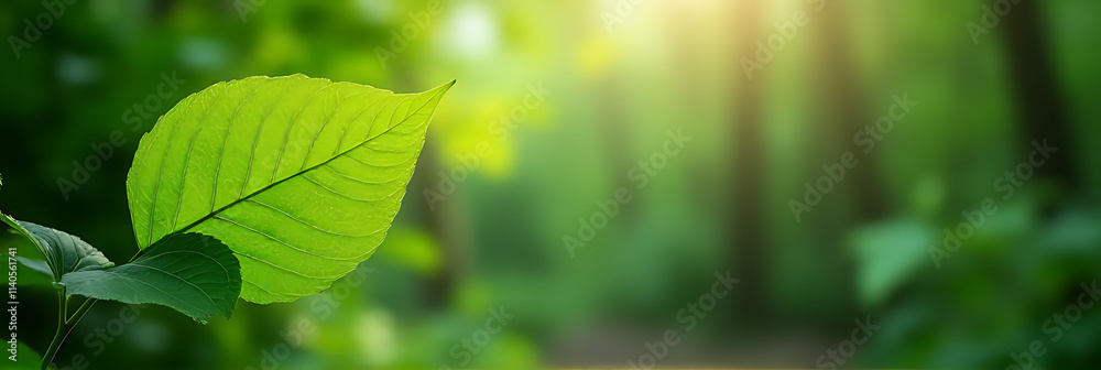 Fototapeta premium A lush green leaf set against a serene natural forest backdrop offers inspiring ideas for various creative projects._00004_