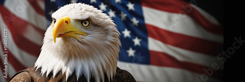 A bald eagle with Patriotic American flag on a dark background that symbolizing freedom and national pride, Copy space for text. Generative AI