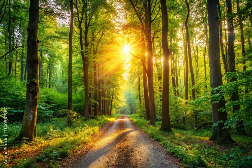 Obraz premium Minimalist Forest Navigation: Lost in the Woods, Path, Nature, GPS, Compass, Adventure, Hiking, Trail, Woodland, Serenity, Green, Trees, Leaves, Sunlight, Shadow, Mysterious, Simple