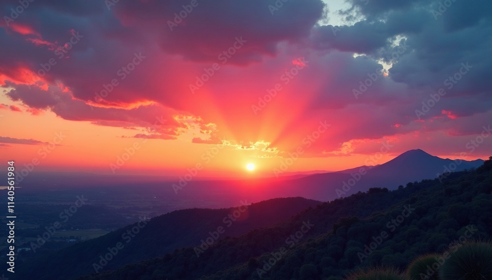 Fototapeta premium Horizon at sunset with a distant mountain range, far, sky, landscape