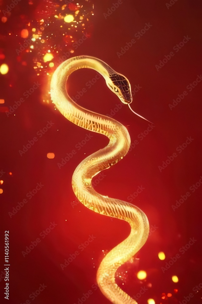 Golden snake rising on red background with sparkling lights. Golden snake rising on red background with sparkling lights.