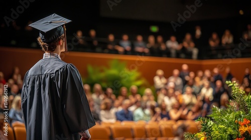 Graduation ceremony taking place at a large auditorium in the evening with st...