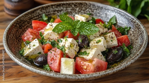 Fresh tomato and eggplant appetizer garnished with herbs served on a white plate