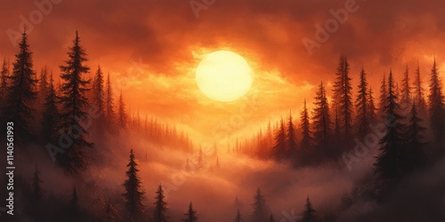 A stunning sunset casts a golden glow over a misty forest landscape, enveloping the pine trees in warm hues.