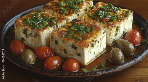 Fresh tomato and eggplant appetizer garnished with herbs served on a white plate