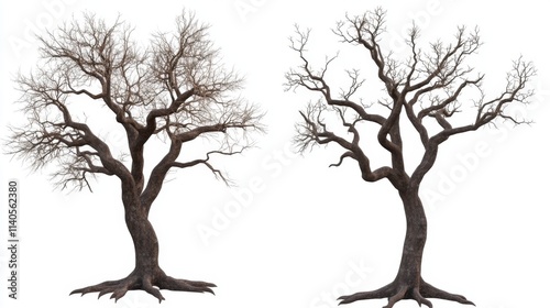 Illustration of two contrasting leafless trees on a white background
