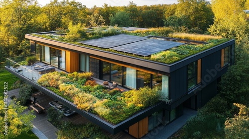 Green rooftop with solar panels and lush vegetation under bright blue sky
