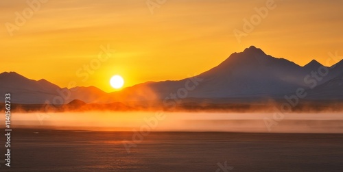 A stunning sunset over a mountainous landscape, with mist rising from the ground.