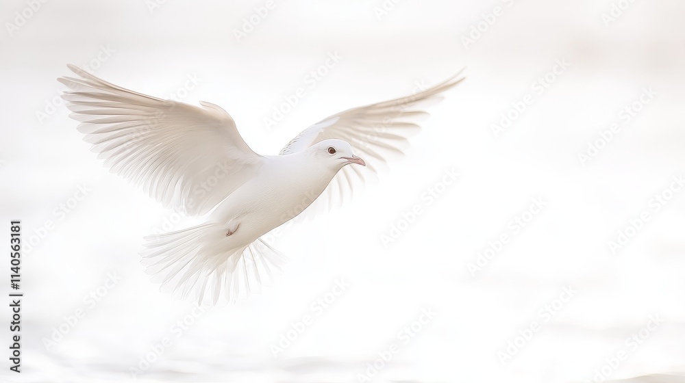A graceful white bird in flight against a soft, blurred background. A graceful white bird in flight against a soft, blurred background.