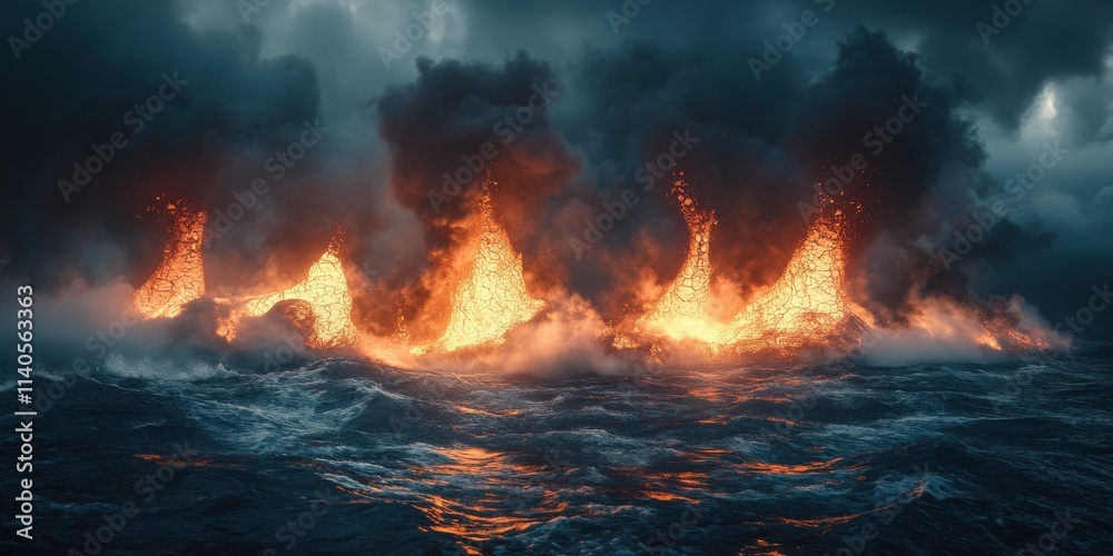 A mesmerizing eruption of lava meets the ocean, creating a dramatic display of steam and fiery colors in a dark, moody atmosphere. A mesmerizing eruption of lava meets the ocean, creating a dramatic display of steam and fiery colors in a dark, moody atmosphere.