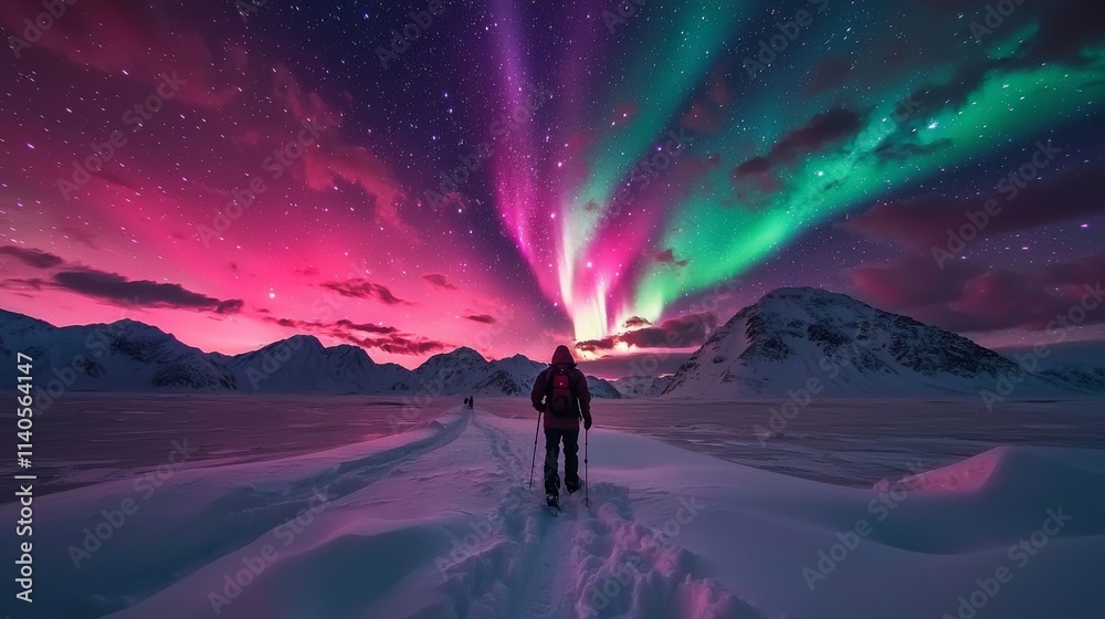 Fototapeta premium Hiker under vibrant Northern Lights over snowy landscapes in Yukon, Canada