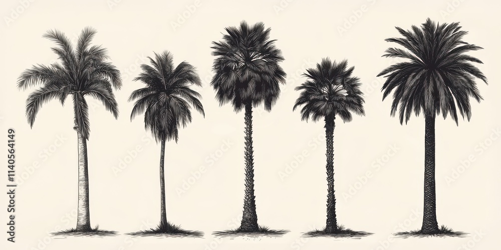 Five elegant palm trees illustrating various styles and shapes in a monochromatic design. Five elegant palm trees illustrating various styles and shapes in a monochromatic design.