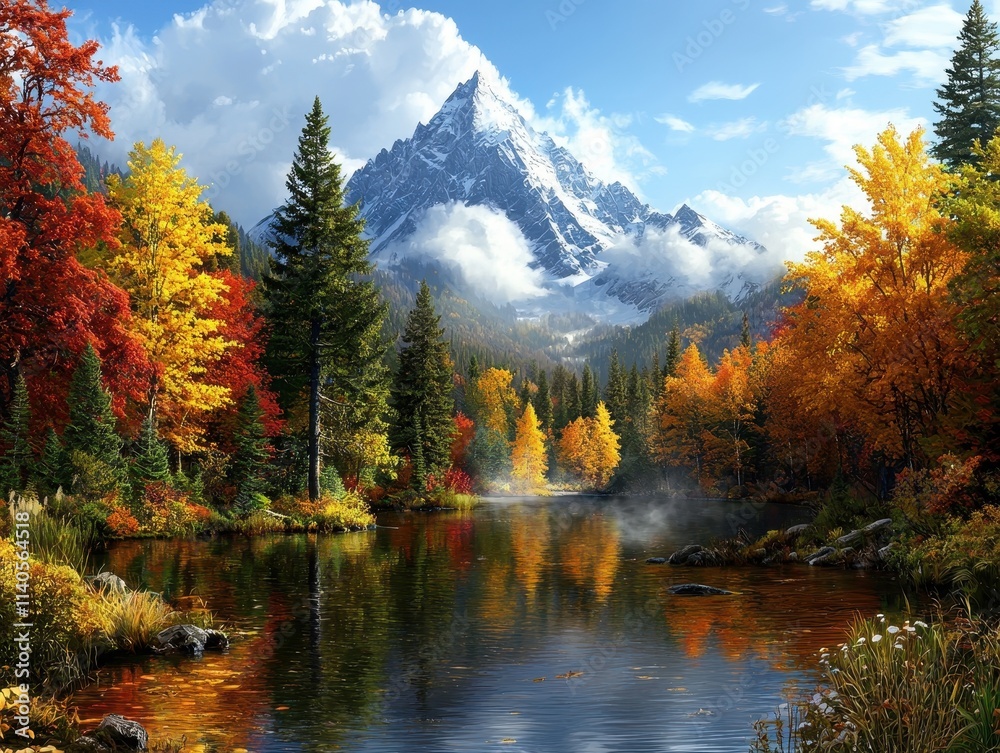 Naklejka premium Autumn reflection in tranquil lake majestic mountains nature scene vibrant landscape clear sky serenity and beauty