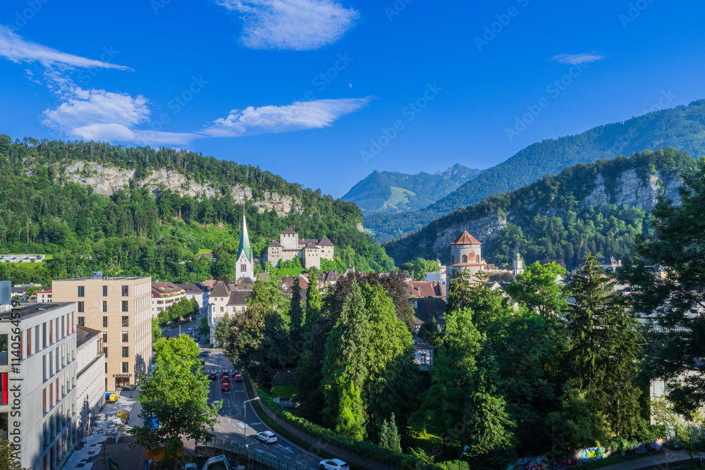 Fototapeta premium The City of Feldkirch in the State of Vorarlberg, Austria. View from toward Schattenburg